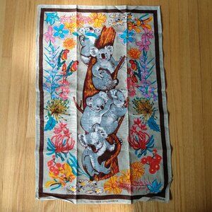 Vintage Souvenir Tea Towel Australia Koala Bear Flowers Pure Linen Collectible
